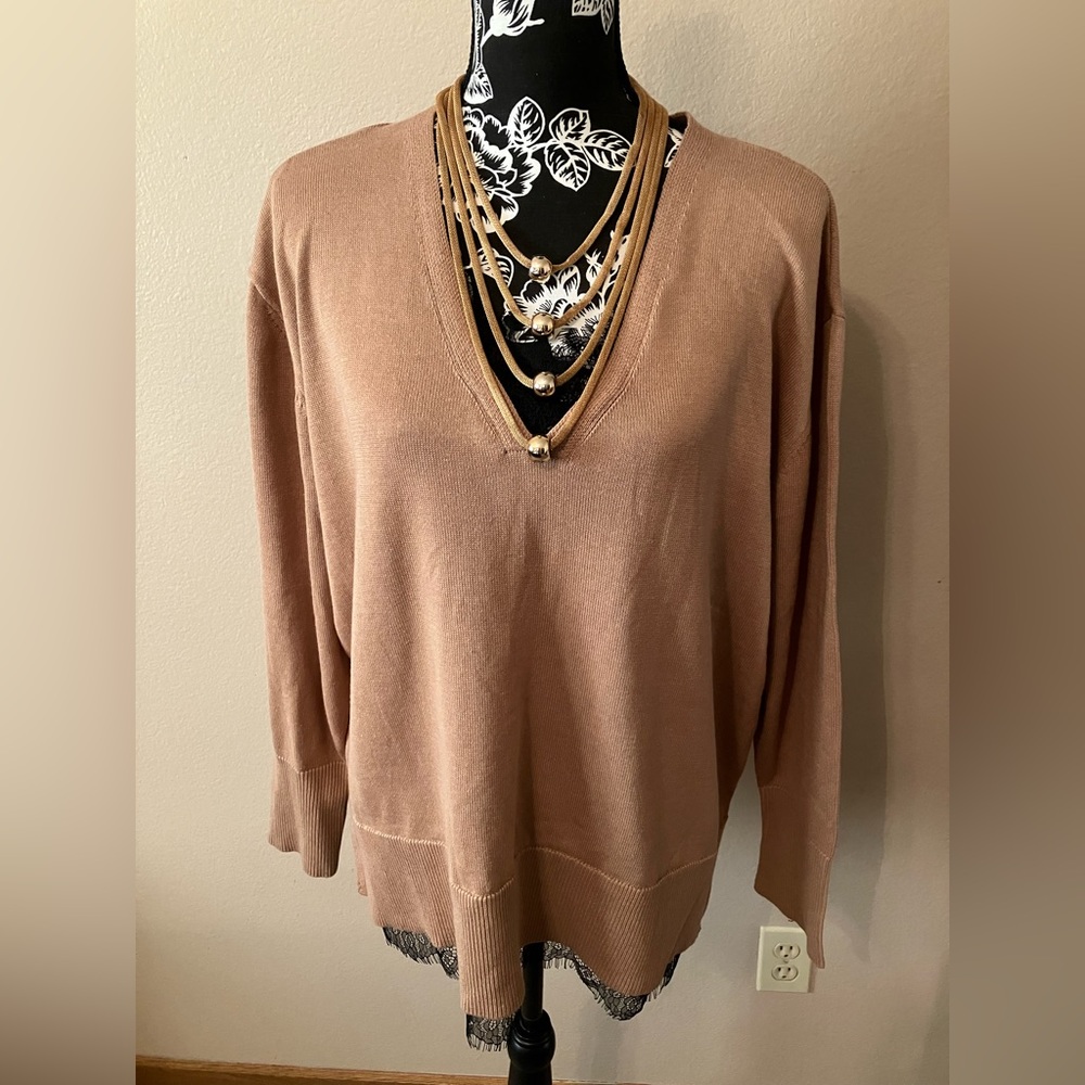 NWT XL SAM AND JESS COTTON BLEND TAN SWEATER WITH BLACK LACE INSET & TRIM